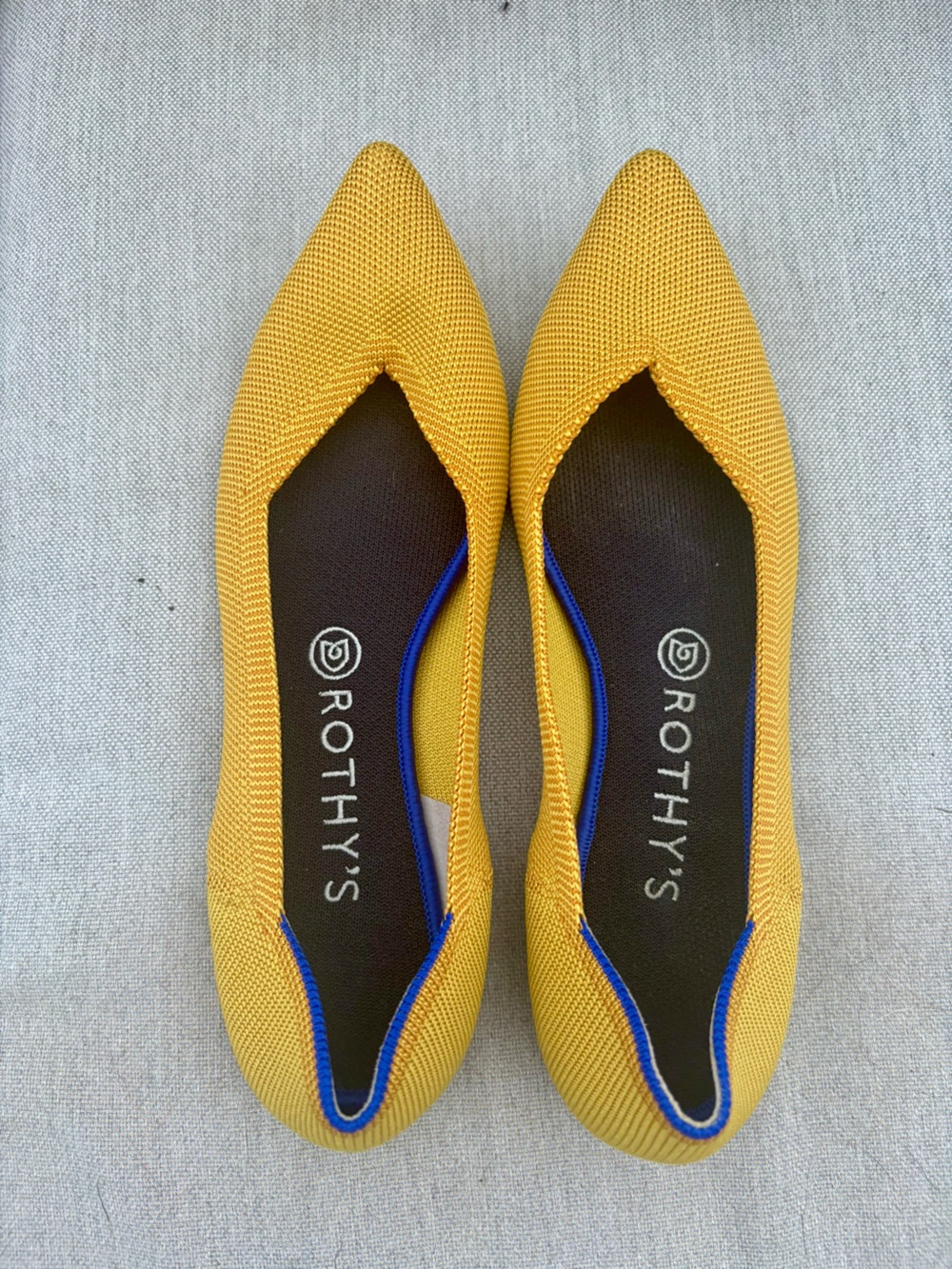 Rothy's Yellow Pointed Toe Flats with Blue Trim